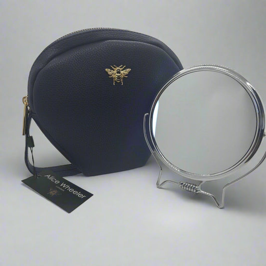 Navy - Padded Luxury Travel Case with Round Gold Mirror (1x and 3x)