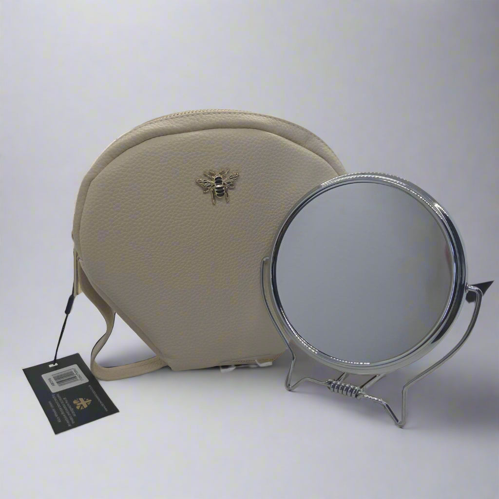 Cream - Padded Luxury Travel Case with Round Silver Mirror (1x and 3x)