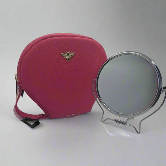 Hot Pink - Padded Luxury Travel Case with Round Gold Mirror (1x and 3x)