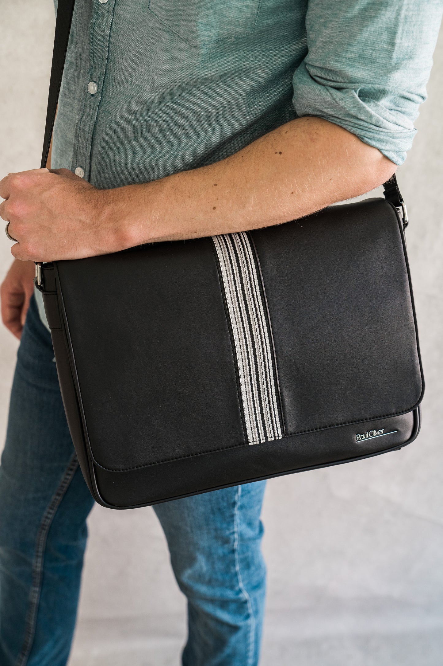 Mens Messenger Bag With Black and White Stripe - by Paul Oliver