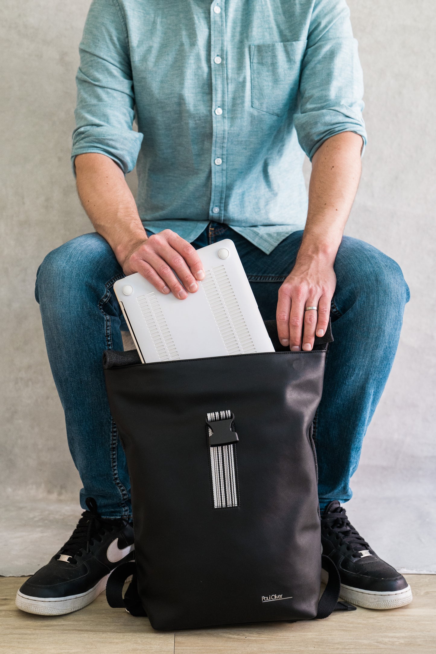 Mens Roll Top Backpack With Gray Stripe - by Paul Oliver