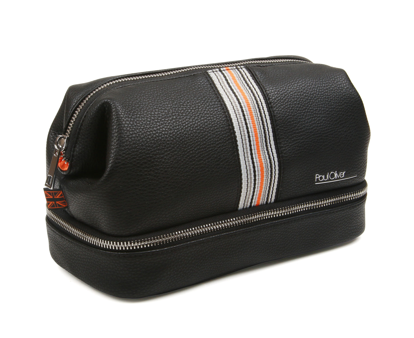 Mens black luxury wash bag with orange stripe - by Paul Oliver