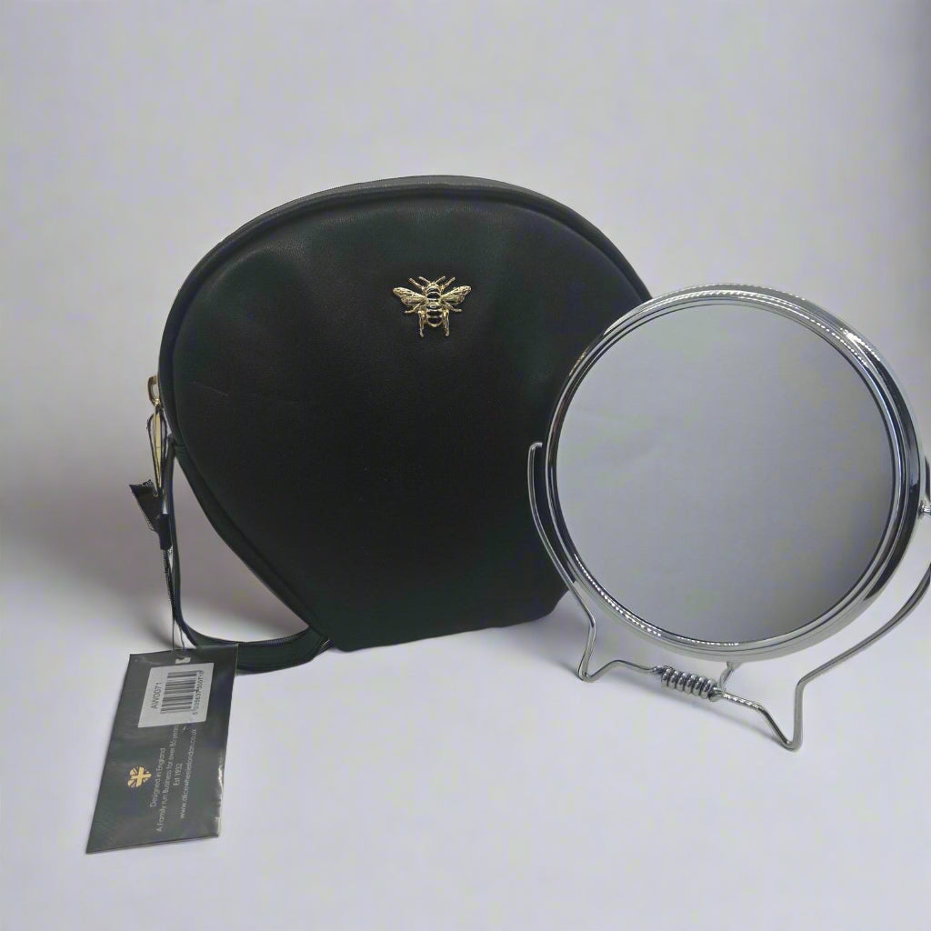 Black - Padded Luxury Travel Case with Round Silver Mirror (1x and 3x)