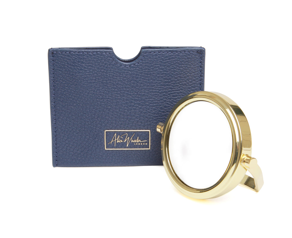 Navy Handbag 7x magnifying mirror and pouch