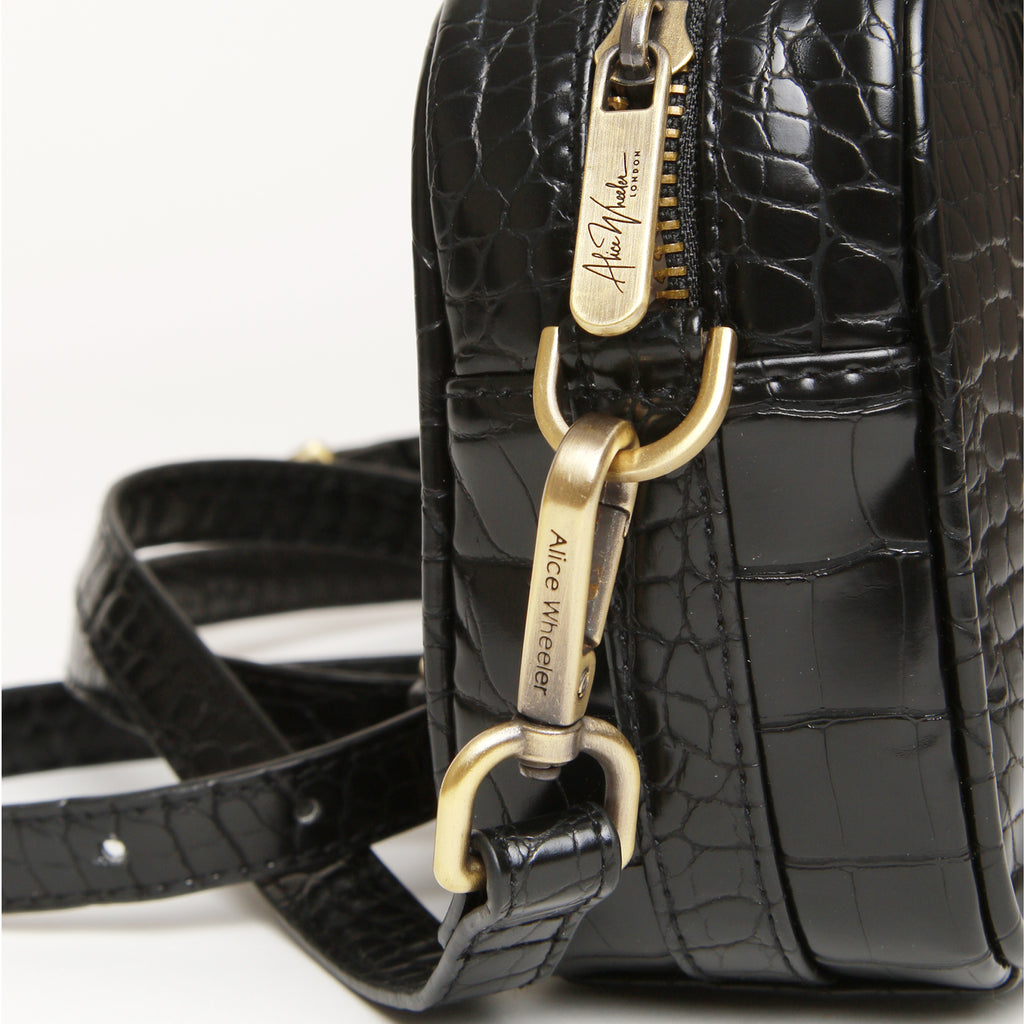Luxury Croc Black Mini mayfair with webbing strap
