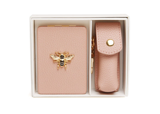 Pink - Oblong compact Mirror & Liptick holder gift set